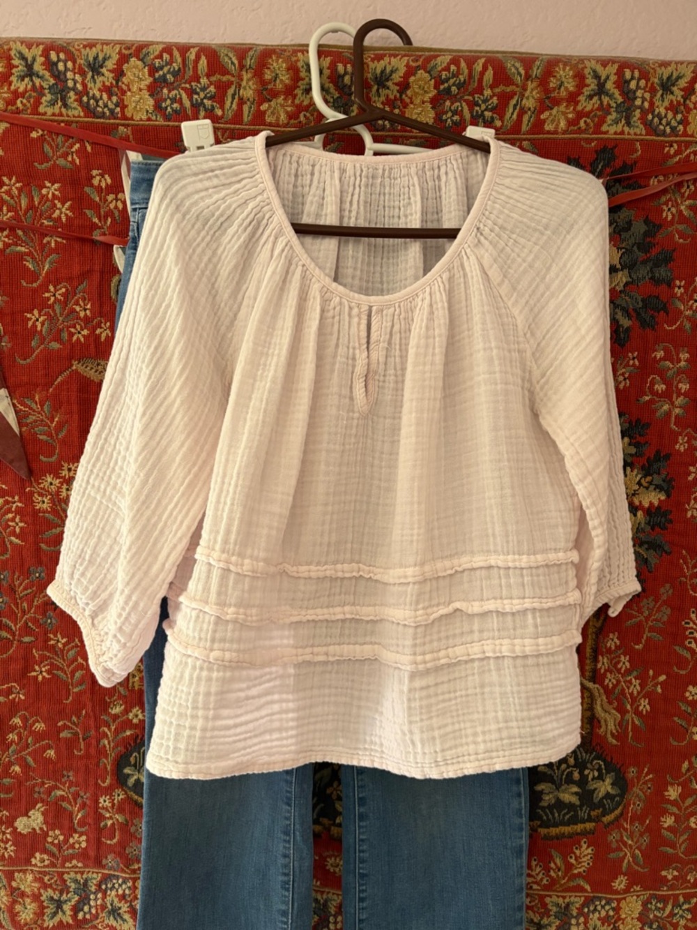 Pastel Pink Gauze Peasant Top - Lightweight Keyhole Linen Summertime